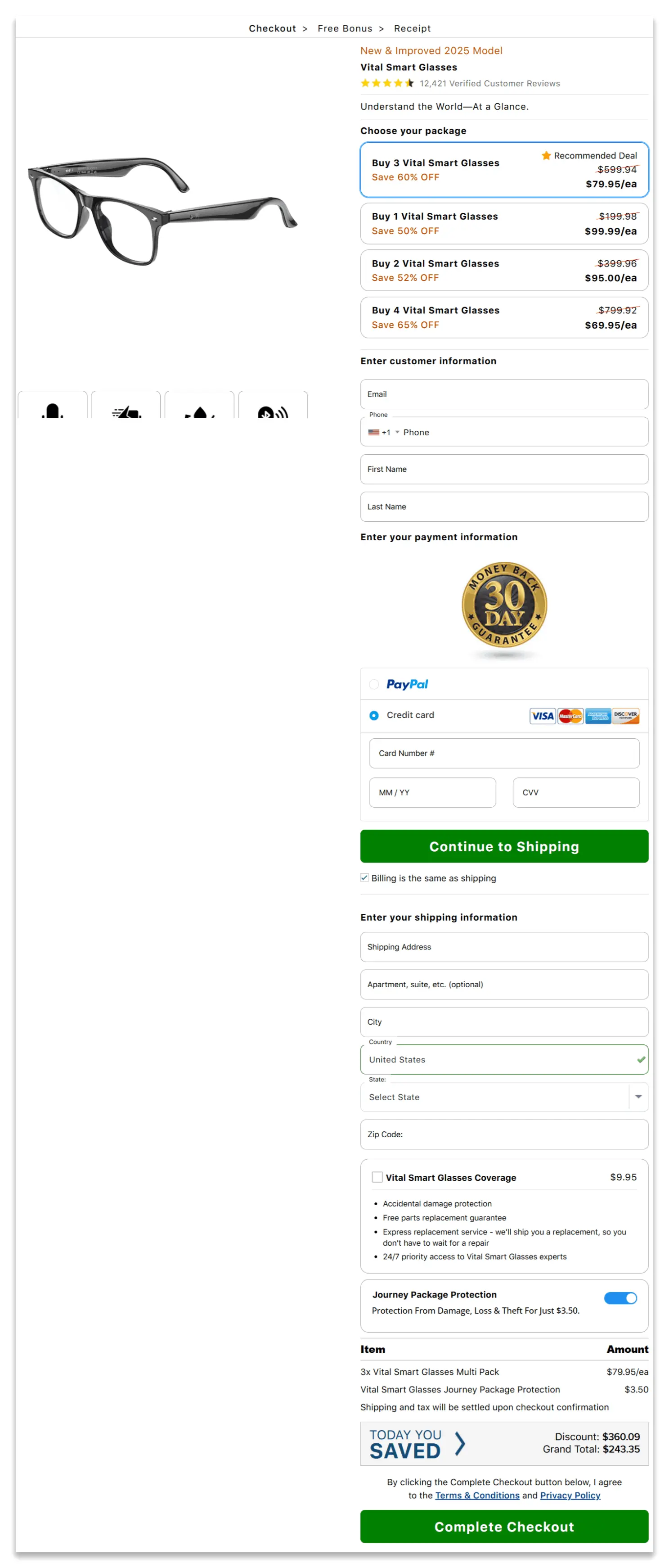 Vital Smart Glasses secure checkout page